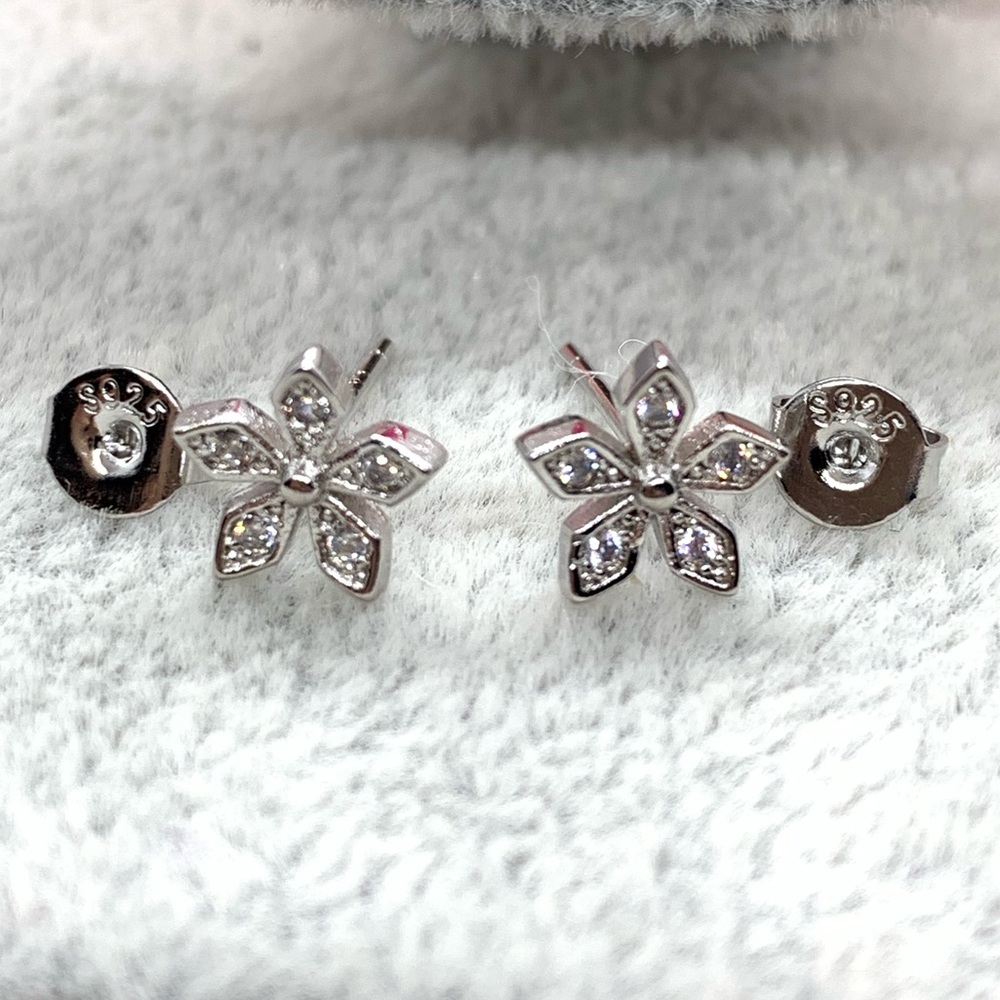 Sterling Silver 925 CZ Flower Stud Earrings - Picture 3 of 5